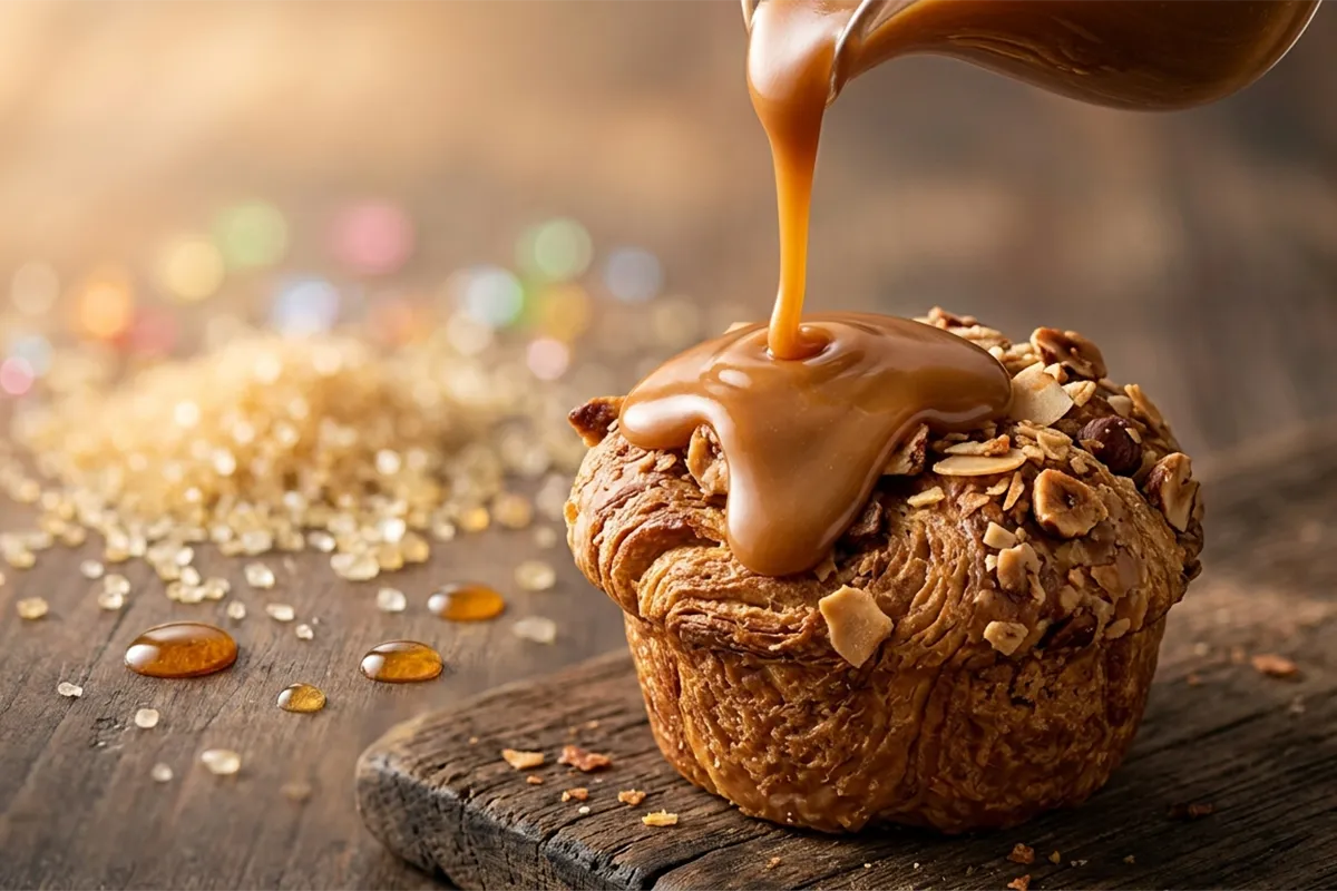 Golden caramel sauce pouring over a fresh pastry on a wooden board