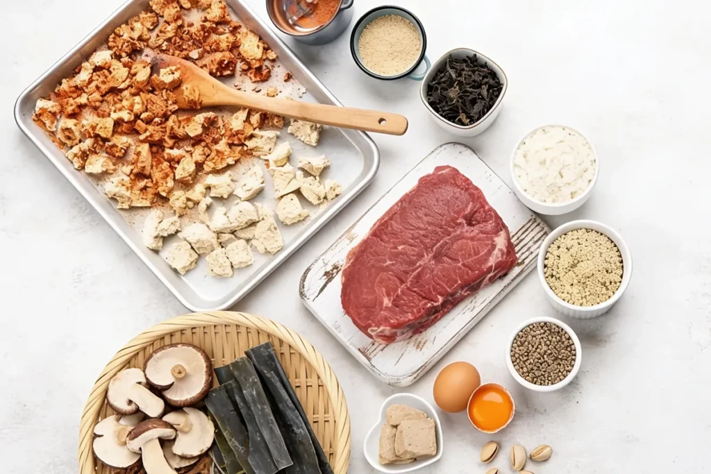 Raw beef, mushrooms, and savory spices for umami flavor enhancement