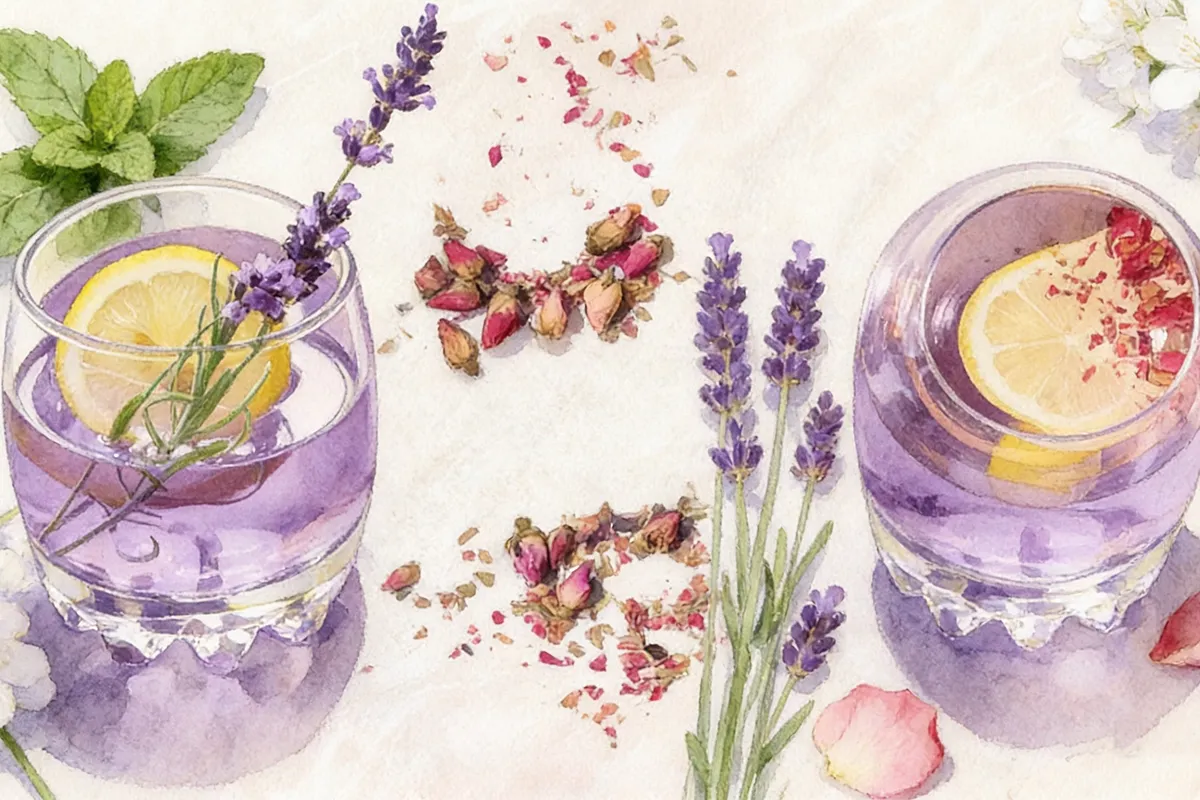 Lavender and floral botanical flavored beverages in glasses