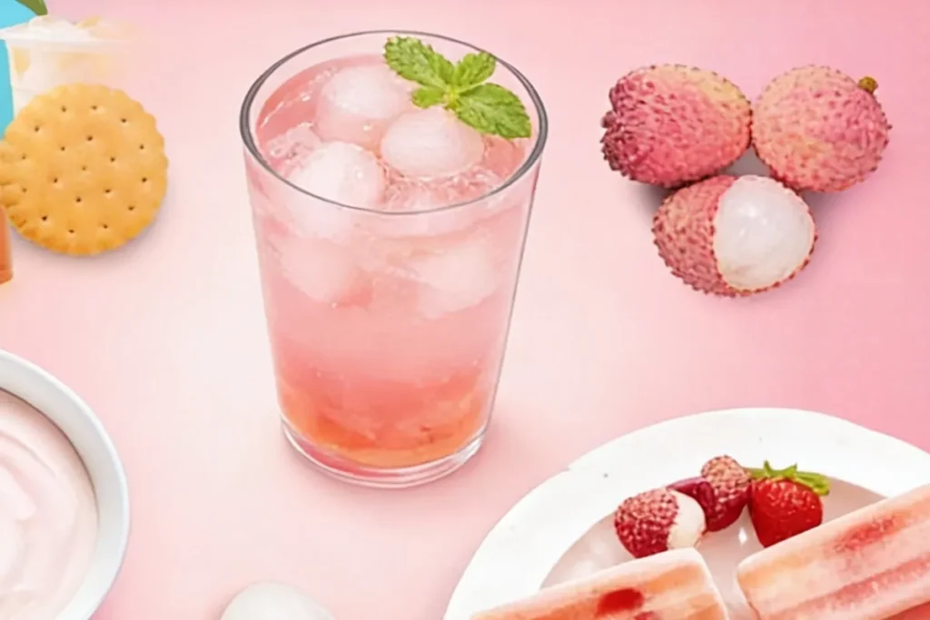 Vibrant pink fruit-flavored iced drink with fresh garnishes