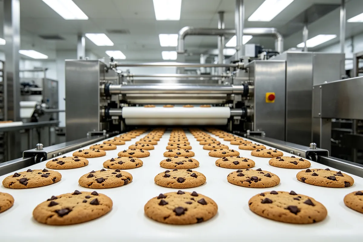 Industrial chocolate cookies on conveyor