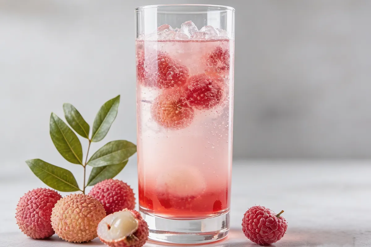 Refreshing lychee flavored drink with fresh lychee fruit