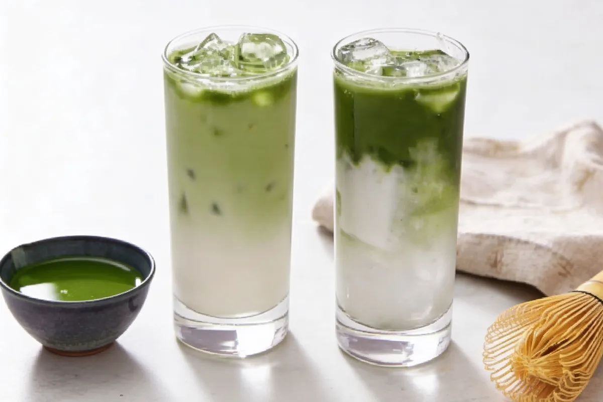 Iced Matcha tea beverages with bamboo whisk and powder