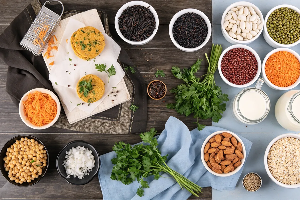 Assorted plant-based proteins including peas, soy, and grains
