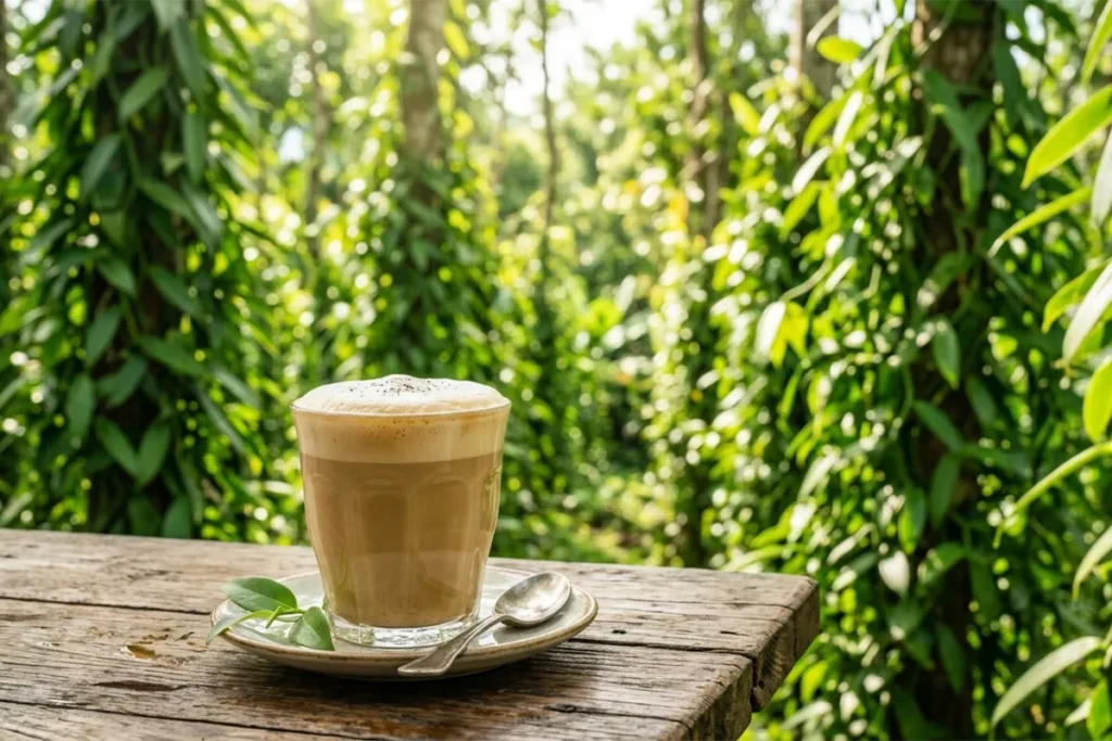 Vanilla latte on a wooden table with a lush vanilla plantation background